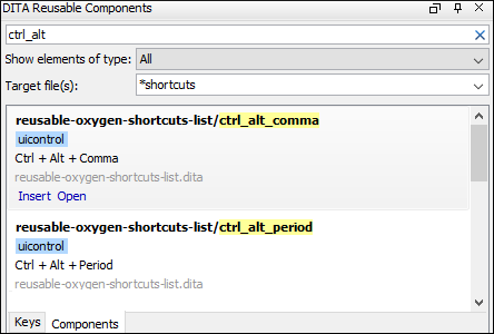 DITA Reusable Components view